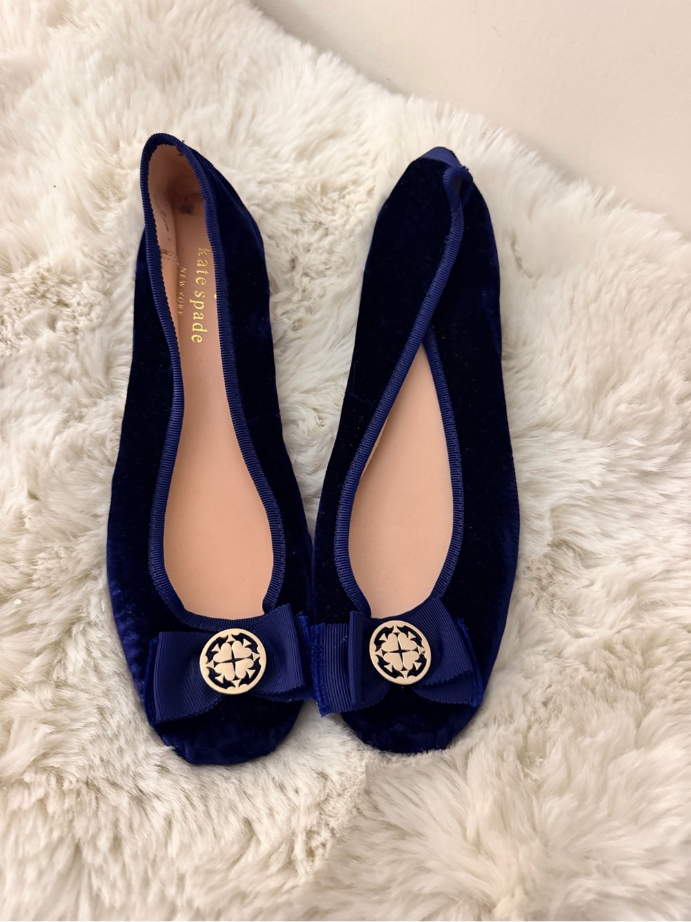 kate spade Deep Blue Velvet Bow Flats with Gold Medallion